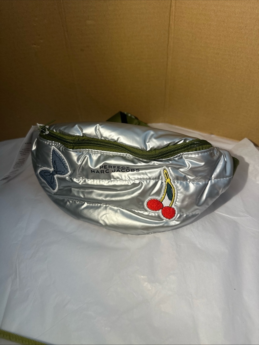 Marc Jacobs Silver Quilted Mini Belt Bag with Cherry Patch